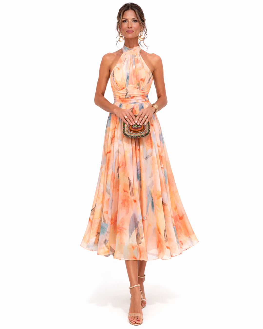 Aurora – Midi Dress with Watercolour Print and Halter Neck