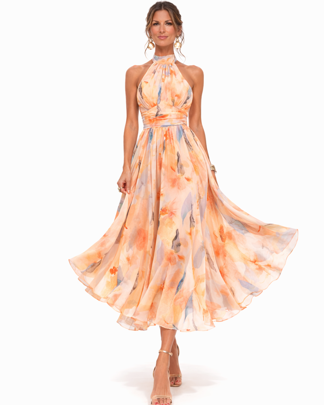 Aurora – Midi Dress with Watercolour Print and Halter Neck