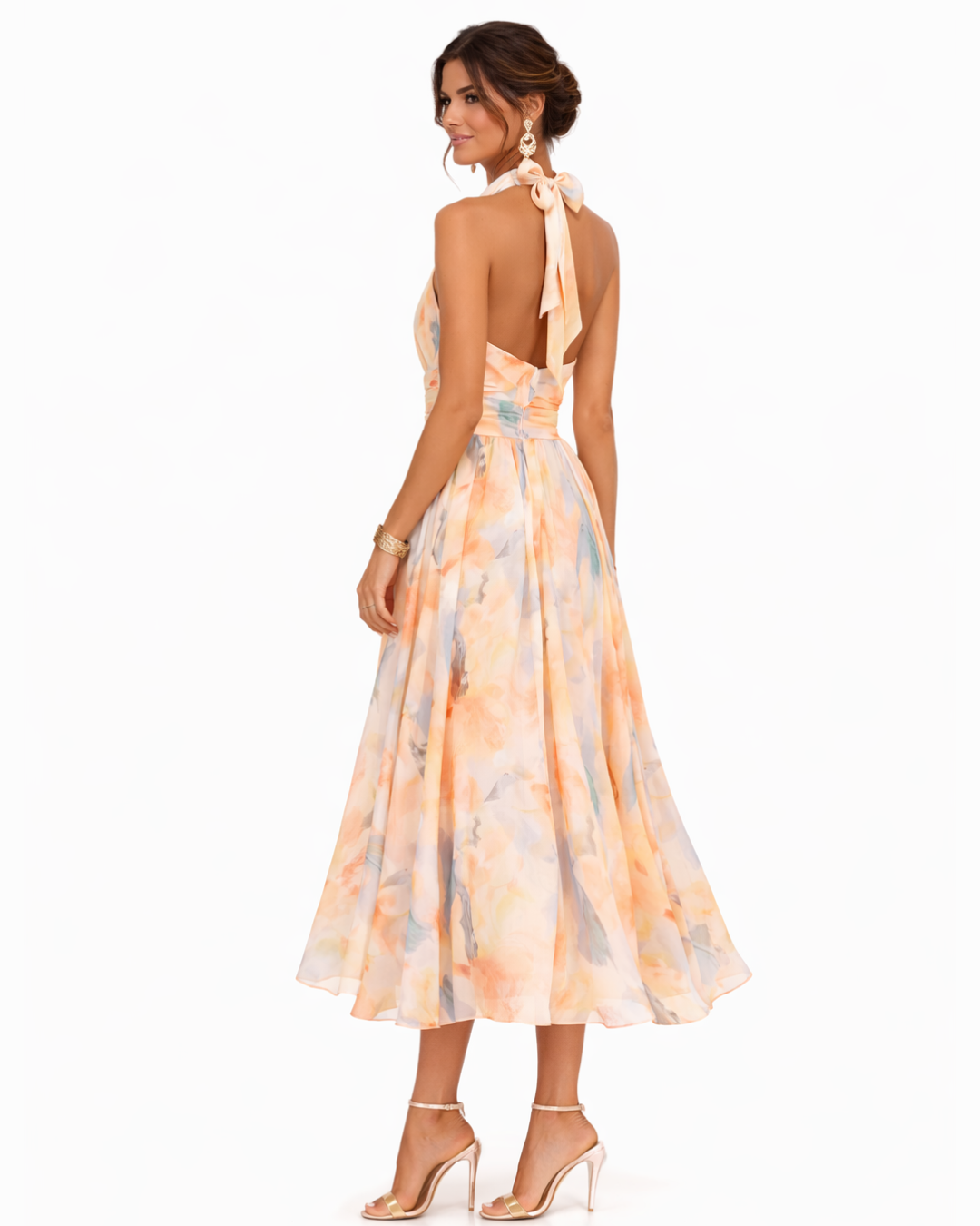 Aurora – Midi Dress with Watercolour Print and Halter Neck