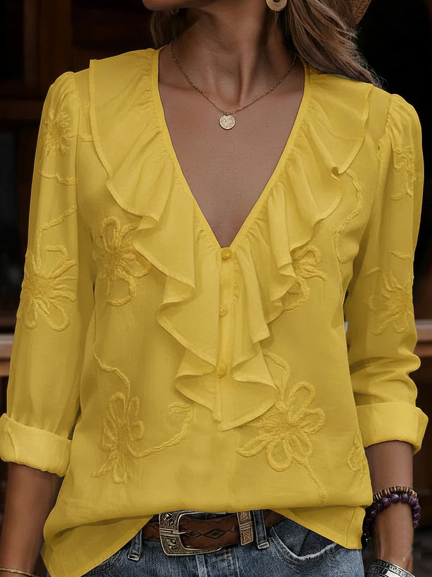 CELESTINE | VINTAGE FLORAL EMBROIDERED FRILL V-NECK SHIRT