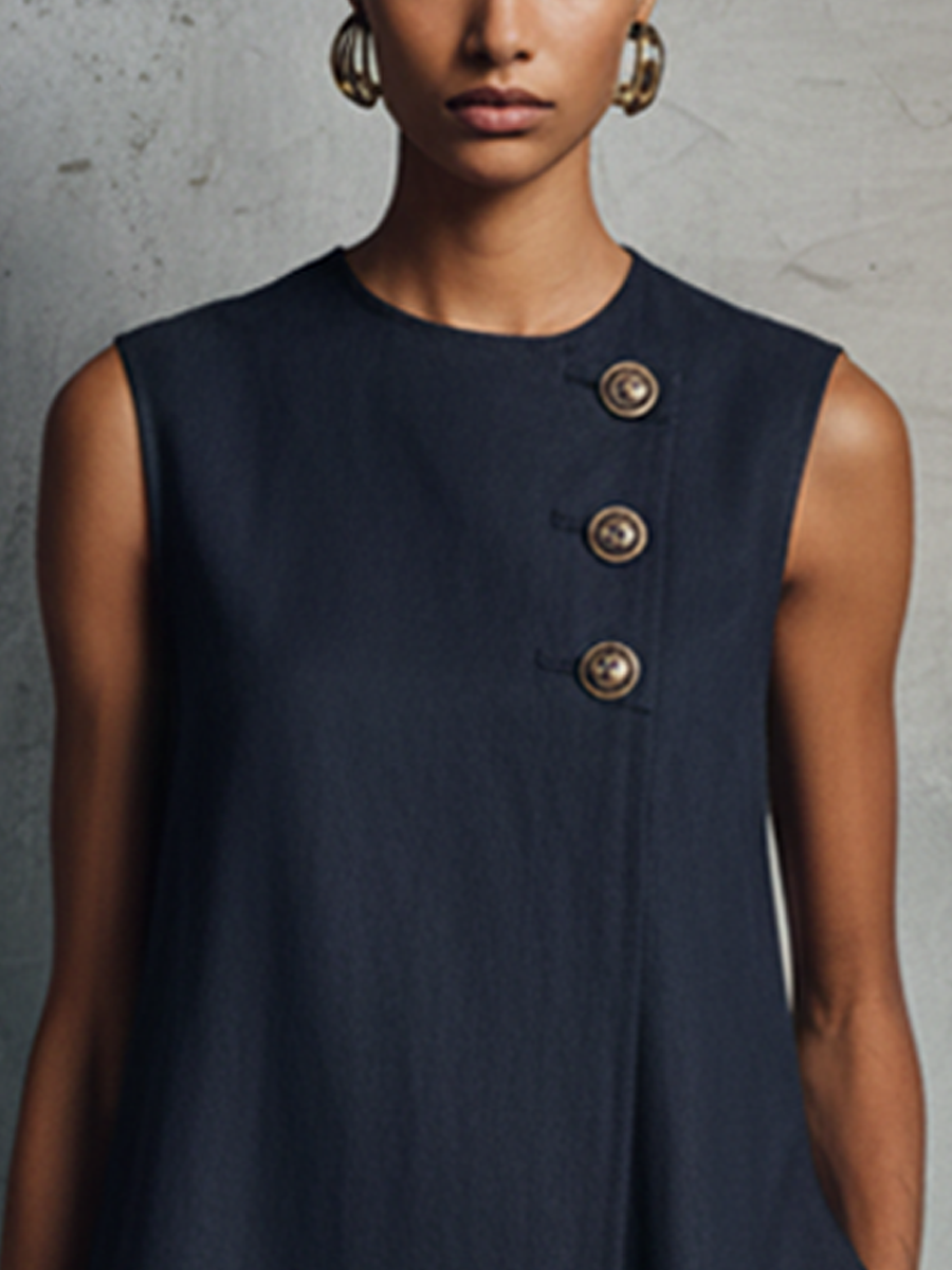 Navy Blue Mini Dress – Round Neck, Sleeveless
