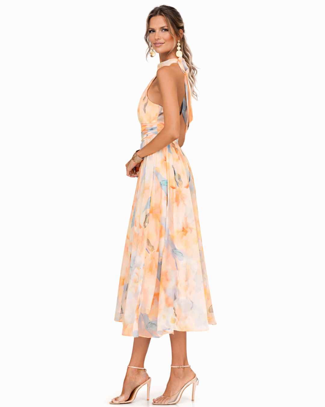 Aurora – Midi Dress with Watercolour Print and Halter Neck