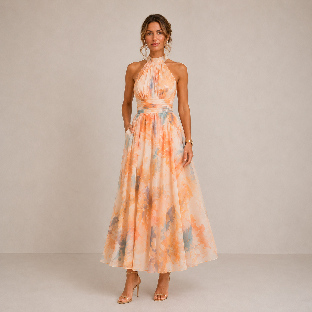 Aurora – Midi Dress with Watercolour Print and Halter Neck